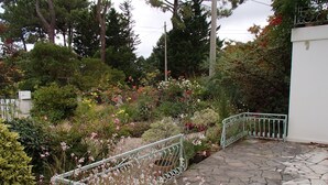Ein gärtnerisch gestalteter Garten mit Pflasterung, einer Metallumrandung und verschiedenen blühenden Pflanzen und Bäumen.