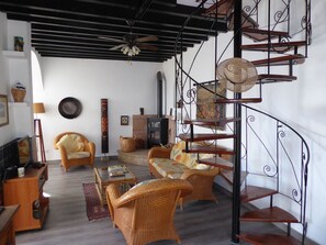 Smart TV, fireplace, DVD player, books