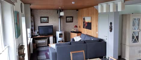 TV connectée, cheminée, livres, médiathÚque