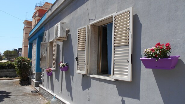 Ein Gebäude mit drei Fenstern, jedes mit Fensterläden, und einem violetten Blumentopf auf der rechten Seite.