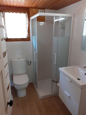 Regadera, secadora de cabello, toallas, papel de baño 