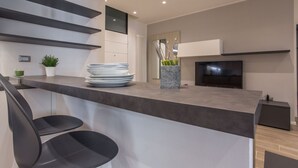 A modern kitchen with a bar area, a flat-screen TV, and a potted plant. -  Civico 88 Modern design (Padova)