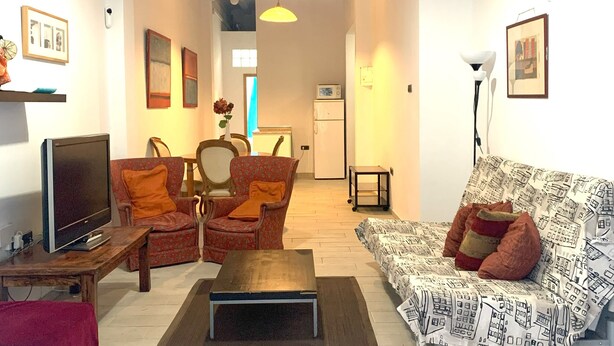 A spacious living room with a wooden ceiling, a sofa with patterned cushions, a television, and a dining area in the background.