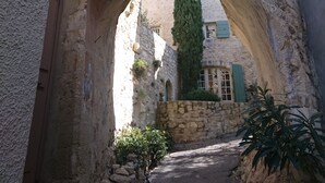 An arched stone passageway with a cobblestone path, stone walls, and a tall tree.
