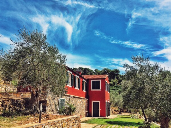 A red two-story house with stone walls and a stone staircase, surrounded by olive trees and a clear blue sky.