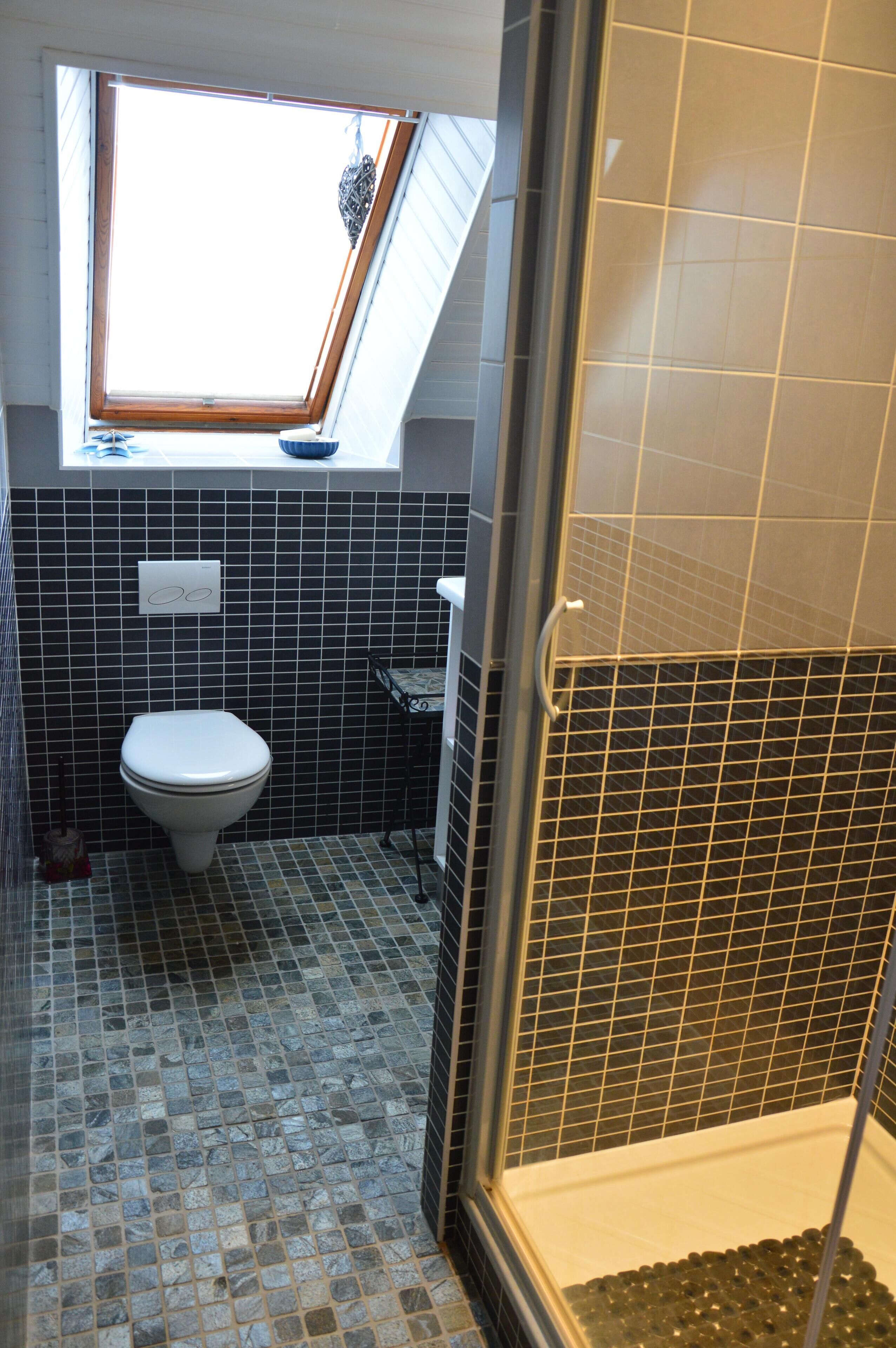 Douche, sèche-cheveux, serviettes fournies, papier toilette