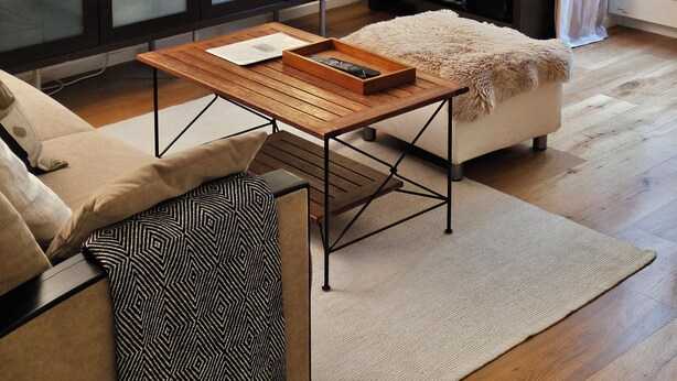 A modern living room with a sofa, a coffee table, a TV, and a cabinet with a mirror. - Apartment/ flat - Paris (Paris)