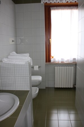 A bathroom with a toilet, sink, and a window with curtains.