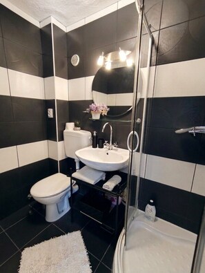 Douche, sèche-cheveux, serviettes fournies, savon
