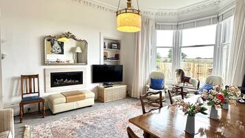 TV, fireplace, books, music library