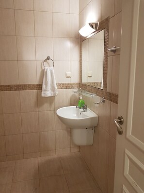 Combined shower/bathtub, hair dryer, towels, toilet paper