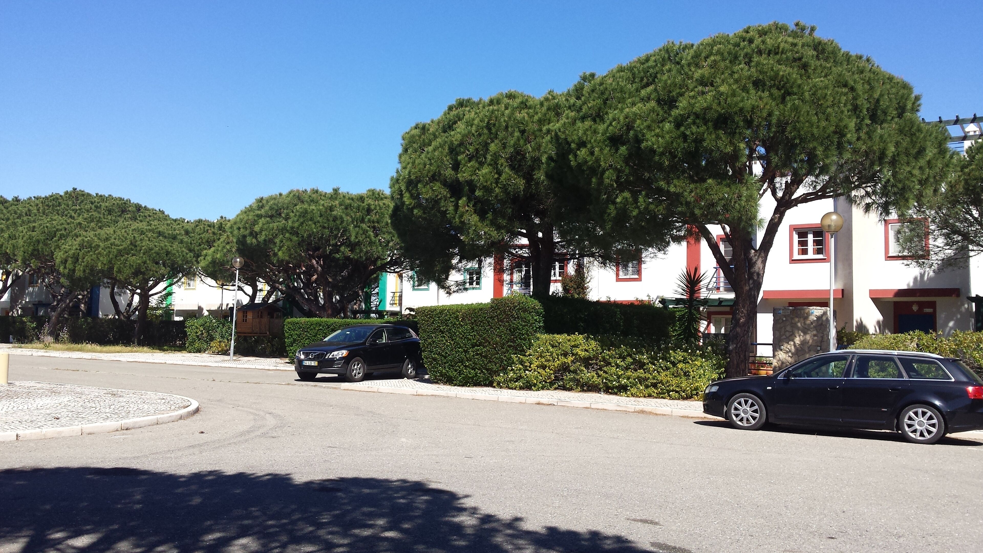 Un carrer amb dos cotxes aparcats, arbres i un edifici amb detalls vermells.