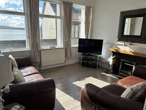 Smart TV, fireplace, DVD player, books