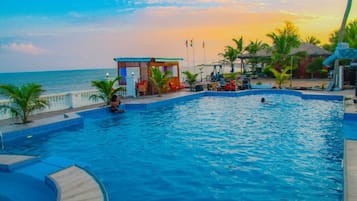Outdoor pool, pool umbrellas, pool loungers