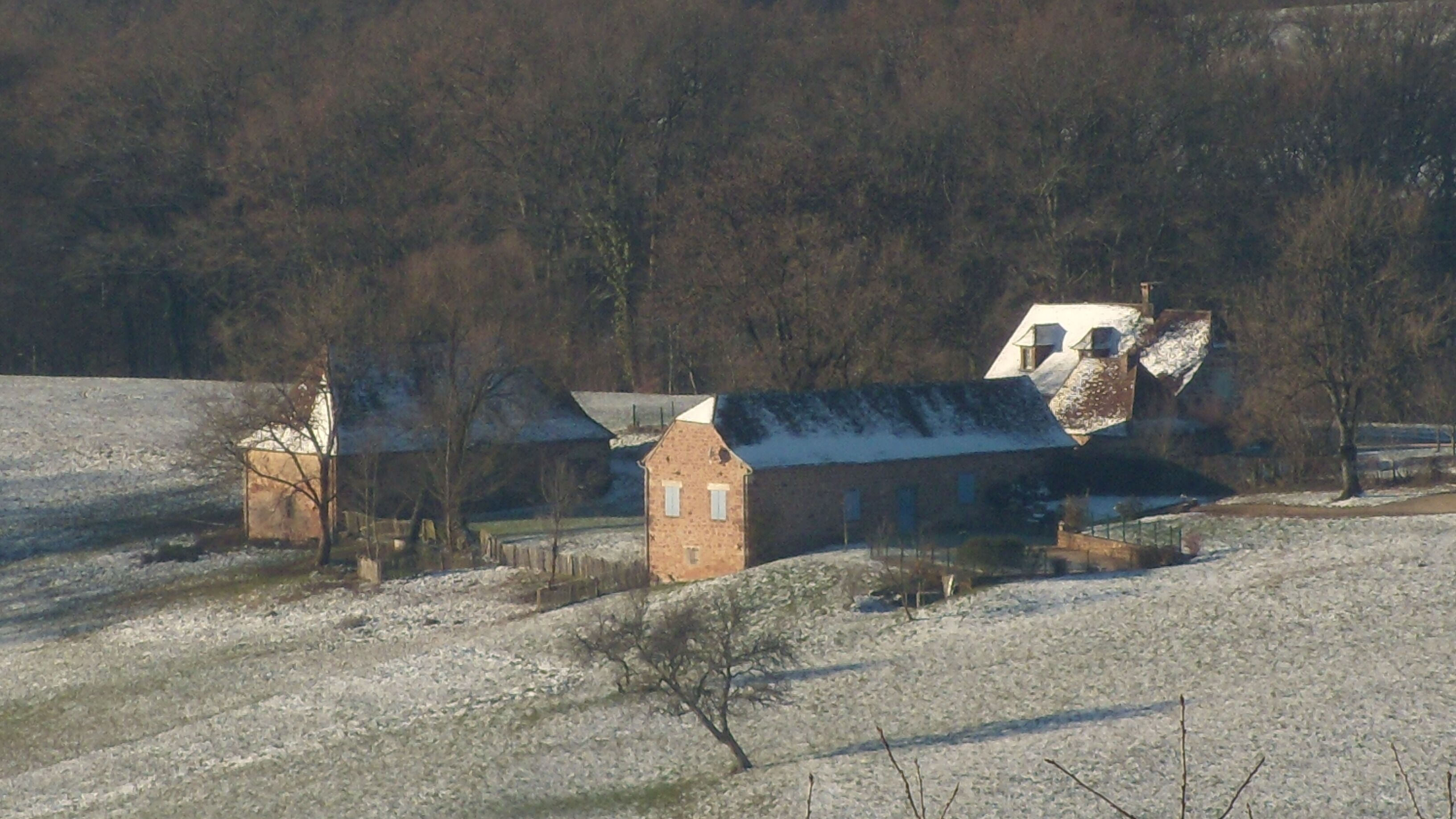 Ein ländliches Gebäude mit schneebedecktem Dach, umgeben von Bäumen und offenen Feldern.