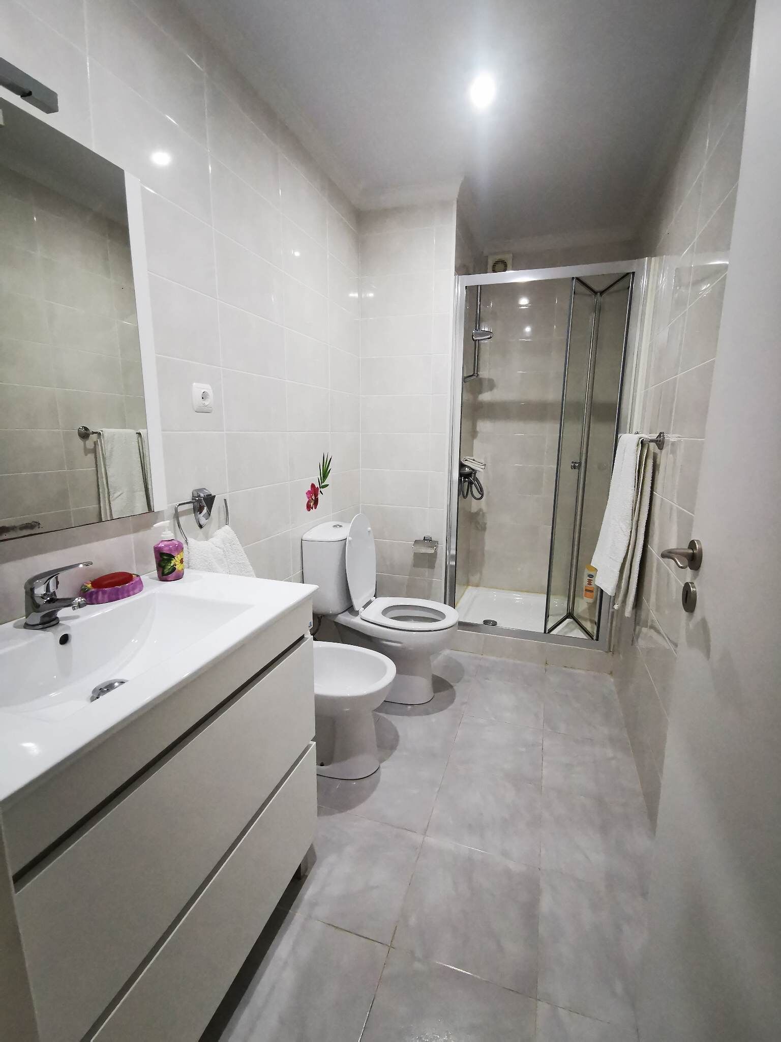 Combined shower/tub, hair dryer, towels