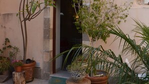 Un patio con plantas en macetas, una pequeña entrada y un suelo de baldosas.