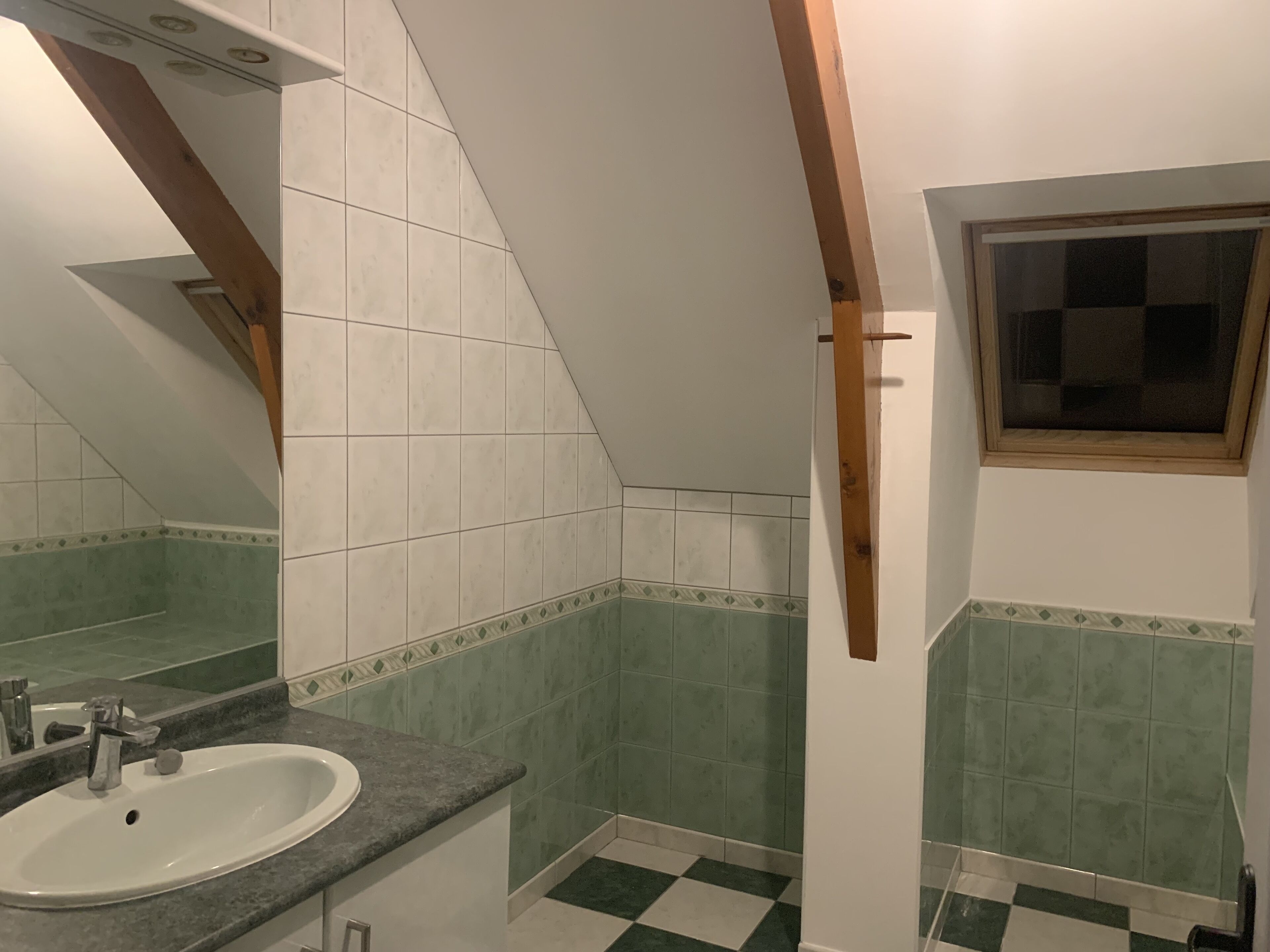 Ein Badezimmer mit Waschbecken, Spiegel und grün-karierten Bodenfliesen.
