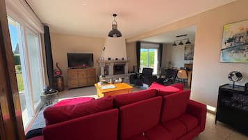 TV, fireplace, DVD player, books