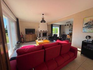 TV, fireplace, DVD player, books