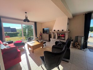 Fernseher, Kamin, DVD-Player, Bücher