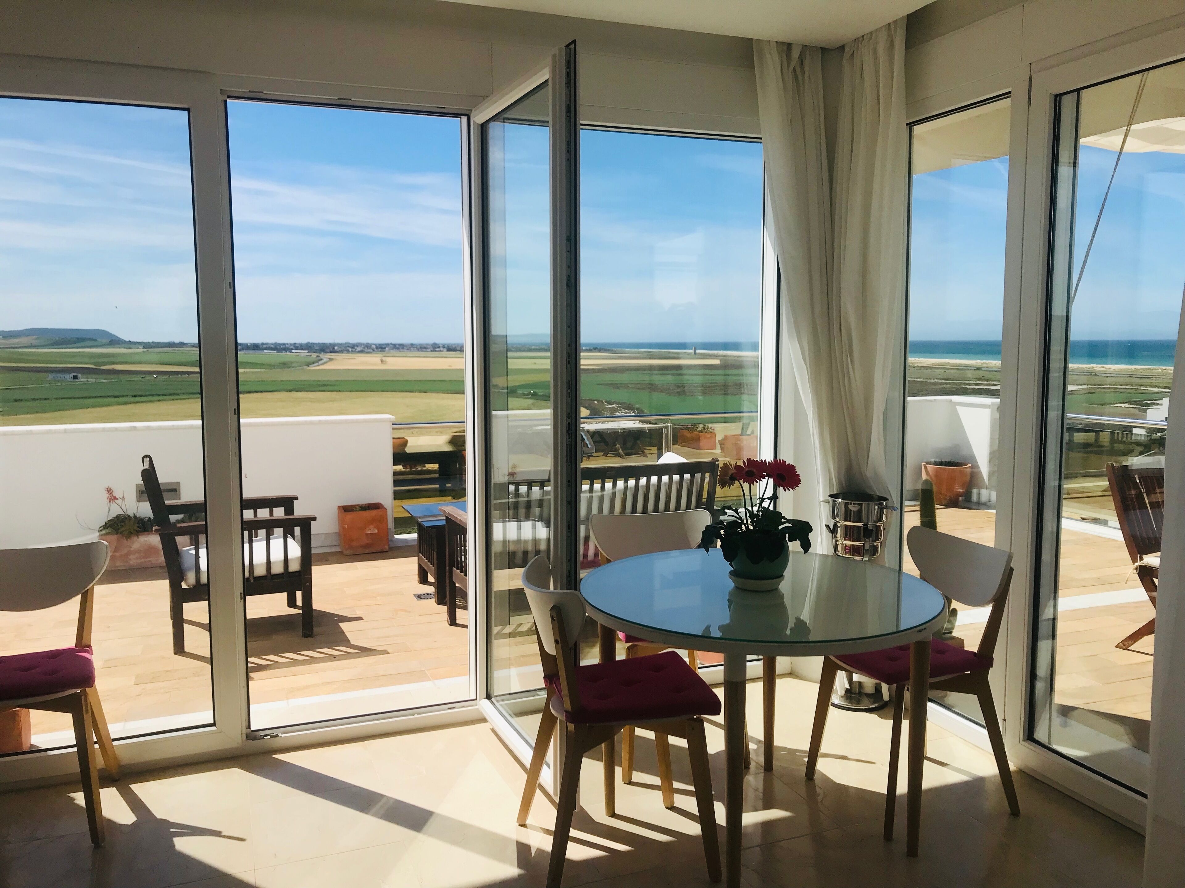 A room with a glass table and chairs, a vase with flowers, and a view of a beach and fields through large windows.