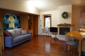 TV connectée, cheminée, livres