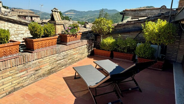Una terraza en la azotea con una única silla de descanso, macetas de terracota con follaje y vistas a un paisaje montañoso.