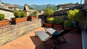 Une terrasse sur le toit avec un seul fauteuil, des jardinières en terre cuite ornées de plantes et une vue sur un paysage vallonné.