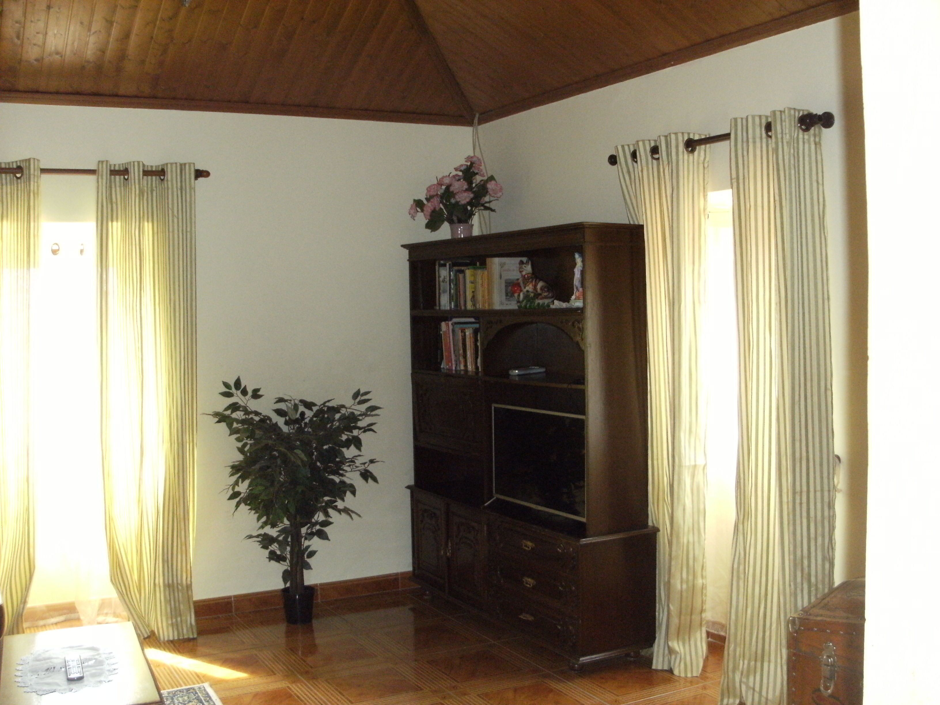 A living room with a wooden ceiling, a bookshelf, a potted plant, and a small table with a remote control.