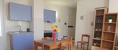 Fridge, oven, electric kettle, cookware/dishes/utensils