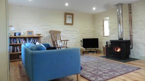 Una sala de estar con sofá, televisor, estantería, chimenea y pared de piedra.