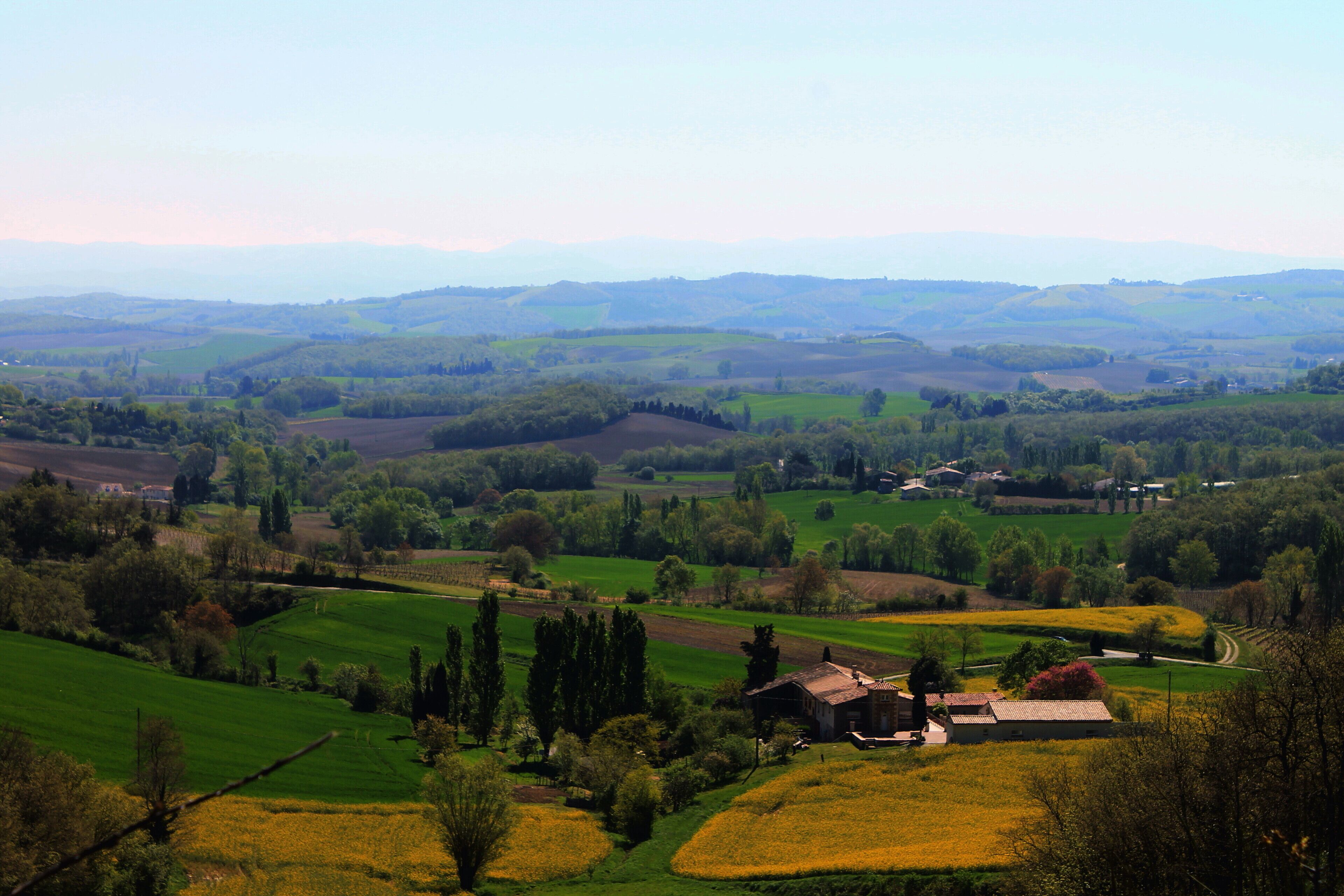 Un paysage rural caract érisé par des collines douces, des champs et une petite maison entourée d’arbres.