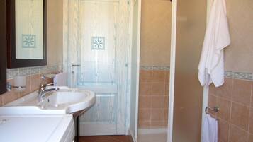 Shower, hair dryer, bidet, towels