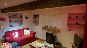 Smart TV, fireplace, DVD player, books