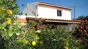 Un bâtiment blanc avec un toit recouvert de tuiles et une petite fenêtre.