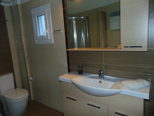 A bathroom with a white sink, a mirror, and a toilet.
