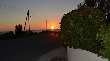 A sunset view with a road, a hedge, and a utility pole.