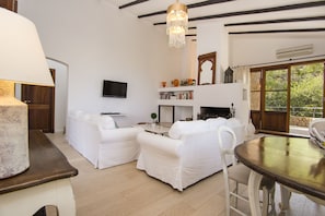 Smart TV, fireplace, DVD player, books