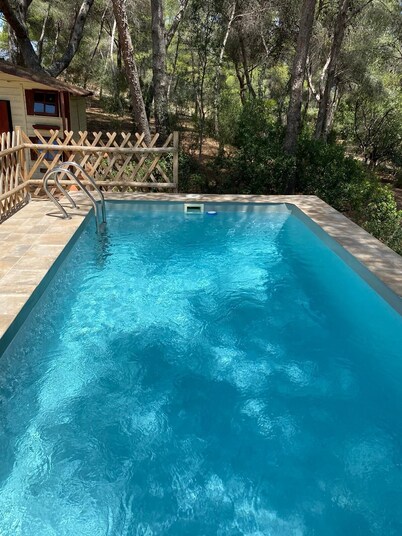 Country house with forest and swimming pool, near the beach (pet friendly).