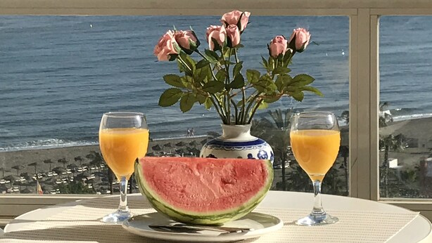 A table with a watermelon, two glasses of orange juice, and a vase with pink roses, set against a view of the ocean.