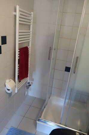 シャワー、ヘアドライヤー、タオル、トイレットペーパー