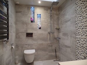 Shower, hair dryer, towels, soap