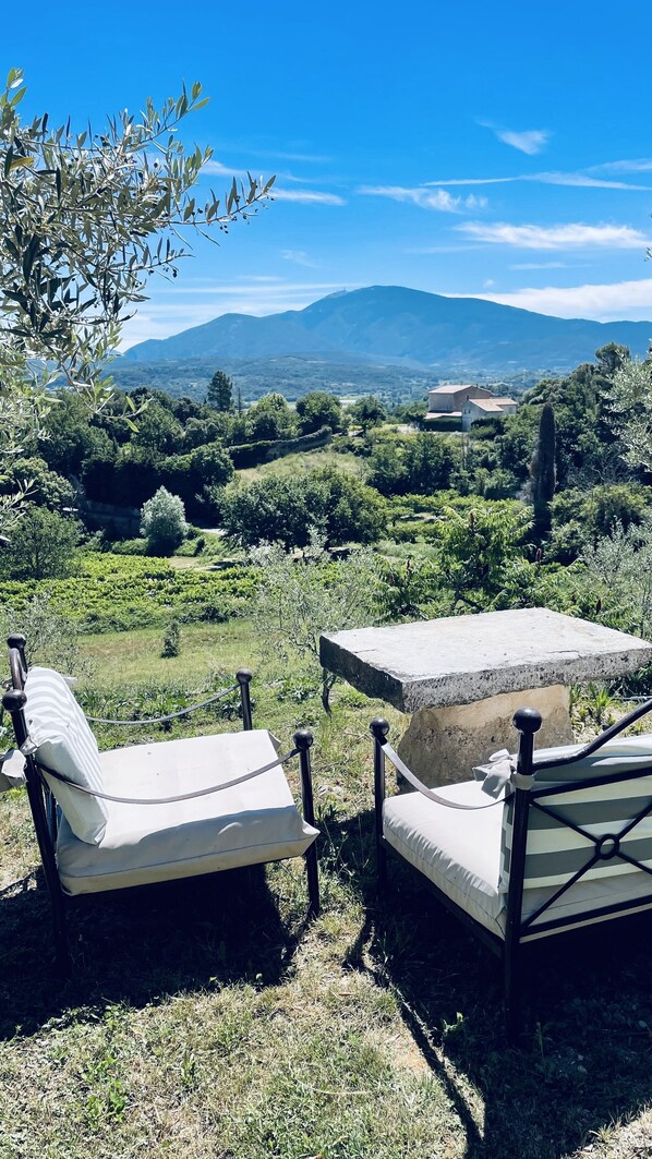 Un jardín con dos sillones de descanso y una mesa de piedra, con vistas a un paisaje montañoso.