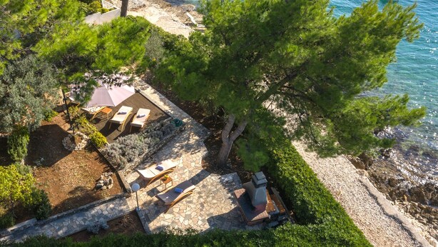 An outdoor seating area with lounge chairs and a table, surrounded by trees and a view of the sea.