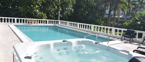 A swimming pool with a hot tub, surrounded by a white fence and palm trees.