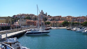 A marina with boats docked, a bridge, and buildings in the background.
