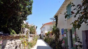A narrow cobblestone street flanked by stone walls and buildings with green shutters. - Unique! A seigneury of the 17th century, completely renovated, 20 minutes from the beach (Thaims)