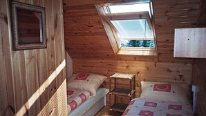 A small cabin with two beds, a skylight, and wooden walls. - 4 lovely apartments on beautiful place in mountains in tourist´s and ski area (Bedrichov)