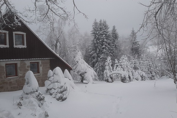 Ferienhausansicht mit Garten im Winter